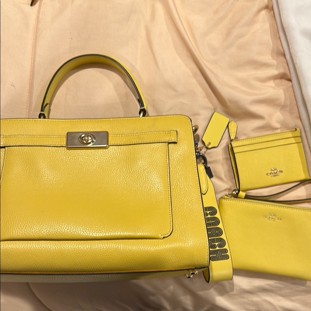 Coach Bright Yellow Leather Satchel Set